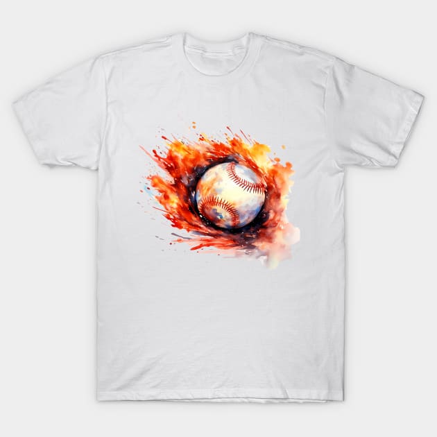 Flamming Baseball Watercolor T-Shirt by BisonPrintsCo